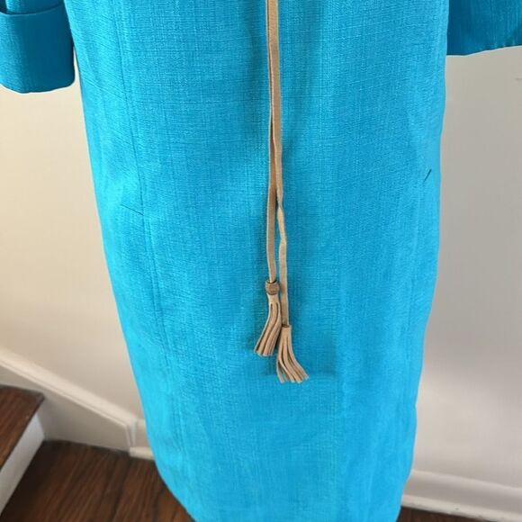 Tahari ASL bright turquoise woven gold hardware tasseled lace up bodice shift. 6 - Picture 8 of 9